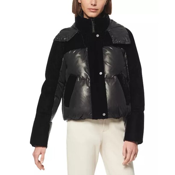 Andrew Marc New York Vega Hooded Mixed-Media Down Puffer Coat Black Size Small